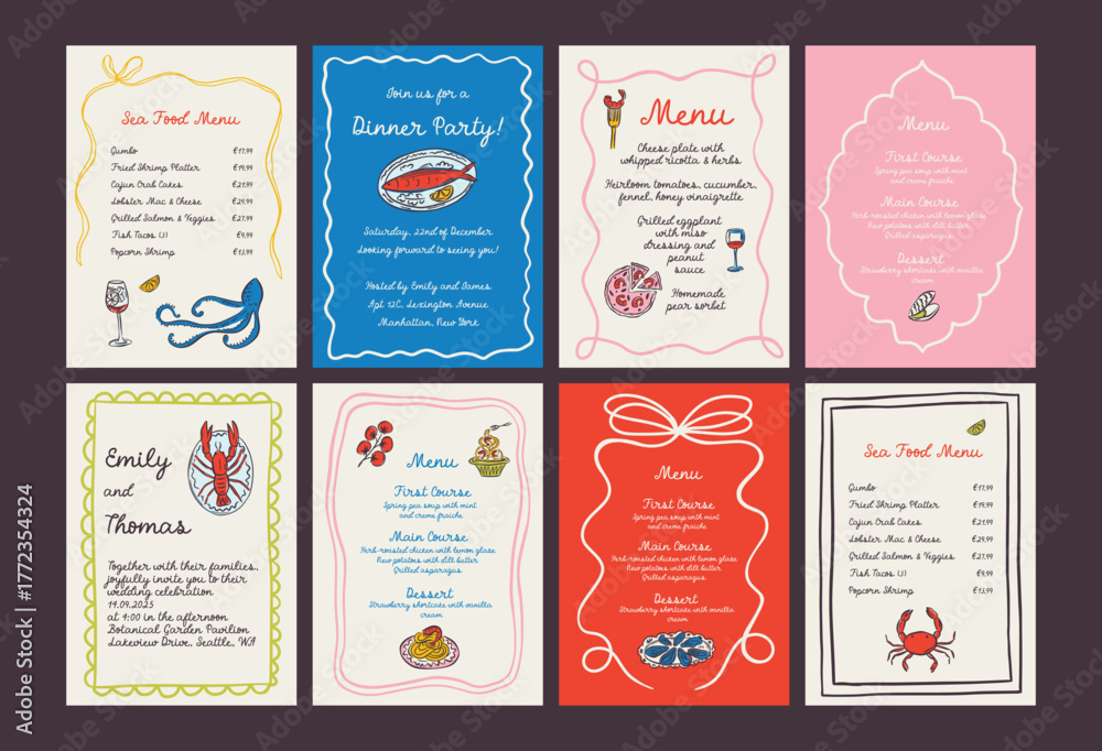 Naklejka premium Whimsical hand drawn sea food poster and menu template in trendy whimsical style. Perfect doodle for quirky italian dinner restaurant and cafe, kitchen wall art, poster, party, birthday, sign