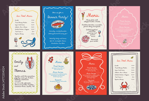 Whimsical hand drawn sea food poster and menu template in trendy whimsical style. Perfect doodle for quirky italian dinner  restaurant and cafe, kitchen wall art, poster,  party, birthday, sign