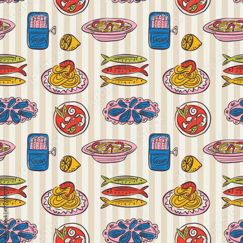 Whimsical hand drawn sea food seamless pattern in trendy whimsical style. Perfect  background for quirky italian wedding holiday, poster cards, dinner and bar menu, fabric, wrapping paper