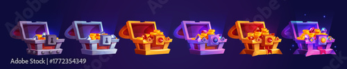Game icons of treasure chests with money and gems