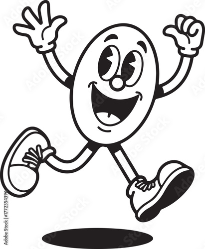 Happy, jumping cartoon coffee bean mascot character in black and white outline style.