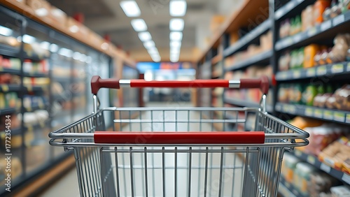 shoppinglist. Shopping cart in supermarket aisle with clean metal frame and blurred grocery background. pitch deck slides, case study pages, designed for brand storytelling and e-commerce strategy.