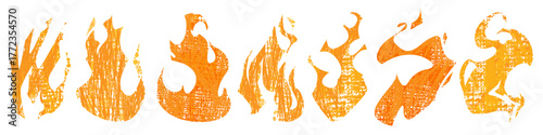 Hand drawn fire icons set isolated on white background. Vector cartoon illustration of abstract orange and yellow flame shapes, street art crayon or chalk graffiti, grungy punk tattoo design element