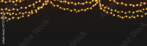 Holiday garland lights isolated on transparent background. Vector realistic illustration of yellow fairy light strings shining bright, Christmas card or birthday party decoration, festival design