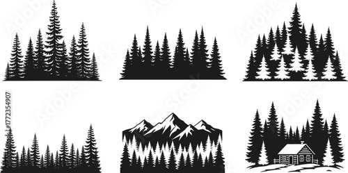 Forest and mountain silhouette illustrations, black and white nature vector art with evergreen trees, peaks, and rustic cabin scenes