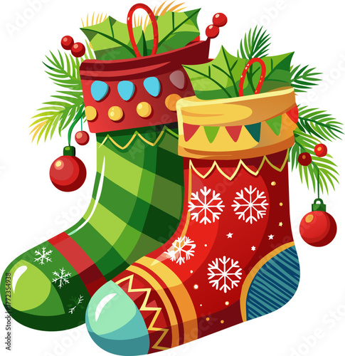 Colorful holiday socks with Christmas decorations.