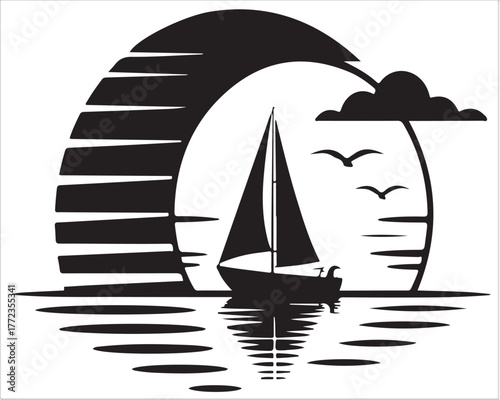 Minimal Ocean Scene with Birds and Setting Sun