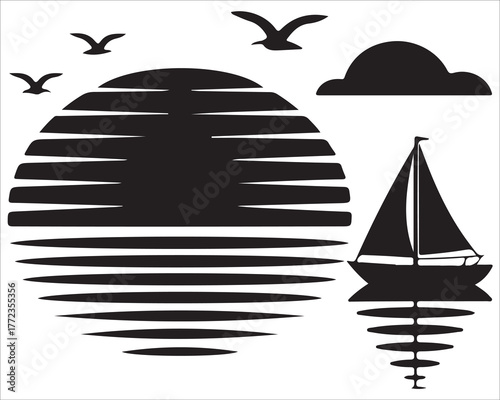 Minimalist black and white silhouette of a sailboat on the sea with flying birds, large setting sun, and cloud reflection, symbolizing travel, peace, and freedom in modern vector design