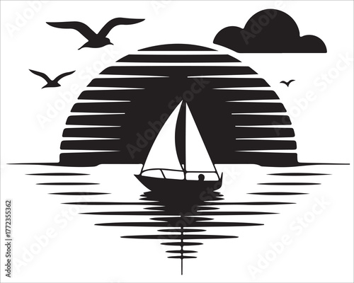 Sailboat at Sunset Silhouette Vector Illustration