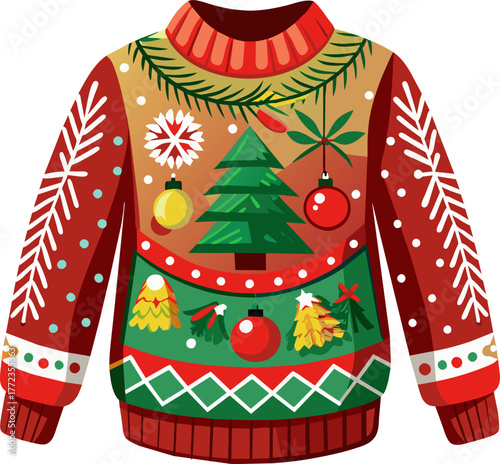 Vibrant holiday sweater with Christmas themes and colors