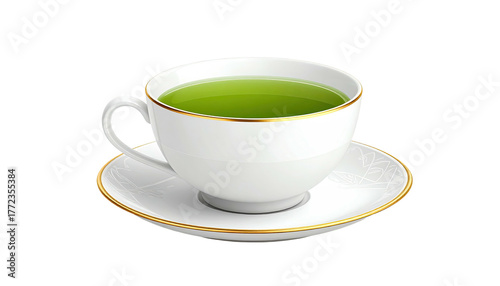White teacup filled with green liquid on saucer