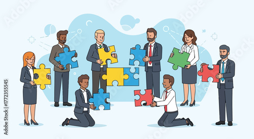 Diverse business people collaborating, holding, and connecting colorful puzzle pieces