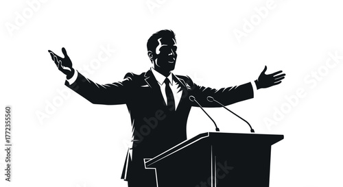 Silhouette of a man in a suit passionately speaking at a podium with outstretched arms