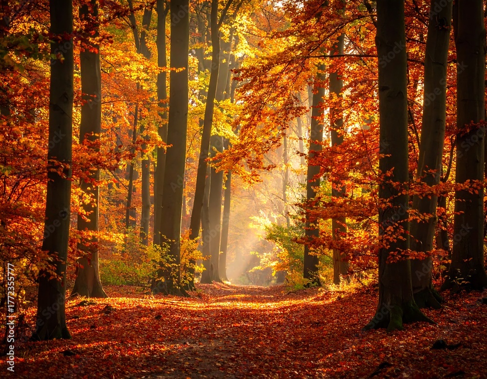 Obraz premium A sunlit path winds through a forest of tall, colorful trees in the autumn season