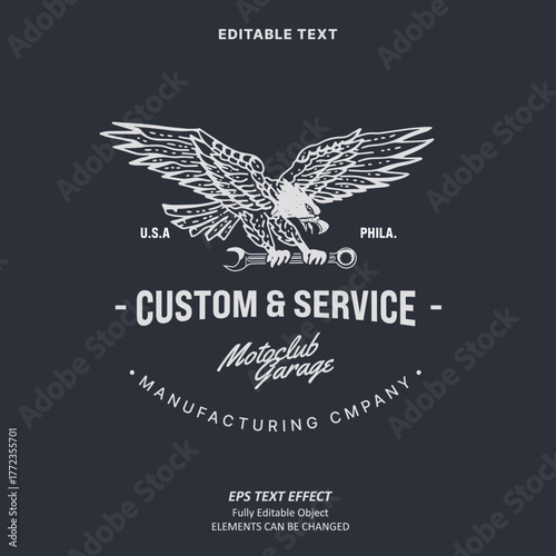 Editable Text Effect Vector of Black White Motor club Streetwear Vintage Eagle Custom Service Team Uniform hoodie or t-shirt Design for Printing, garment, merchandise, apparel, small business