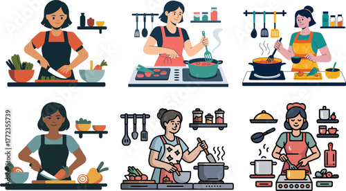 Diverse women cooking and preparing food in a kitchen setting