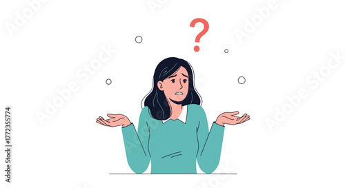 A confused young woman shrugs her shoulders with a question mark above her head, expressing uncertainty or doubt.
