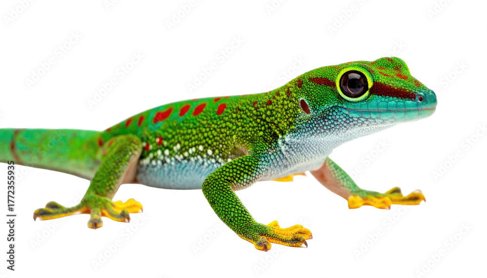 Fototapeta premium Vivid green gecko with red spots, set against a dark backdrop