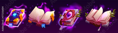 Old magic books of spells with gems