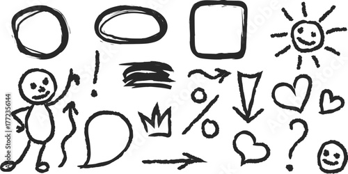 Hand drawn doodle elements for notes and designs  collection of fun, hand-drawn doodle elements including frames, arrows, hearts, speech bubbles, question marks, and circles, perfect for adding 