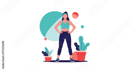 Confident woman in athletic wear stands with hands on hips amidst abstract shapes and potted plants, ready for or resting from exercise.