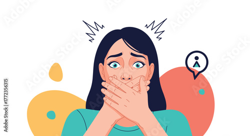 A young woman covers her mouth with her hands, looking shocked and wide-eyed, conveying a strong sense of surprise, fear, or distress.