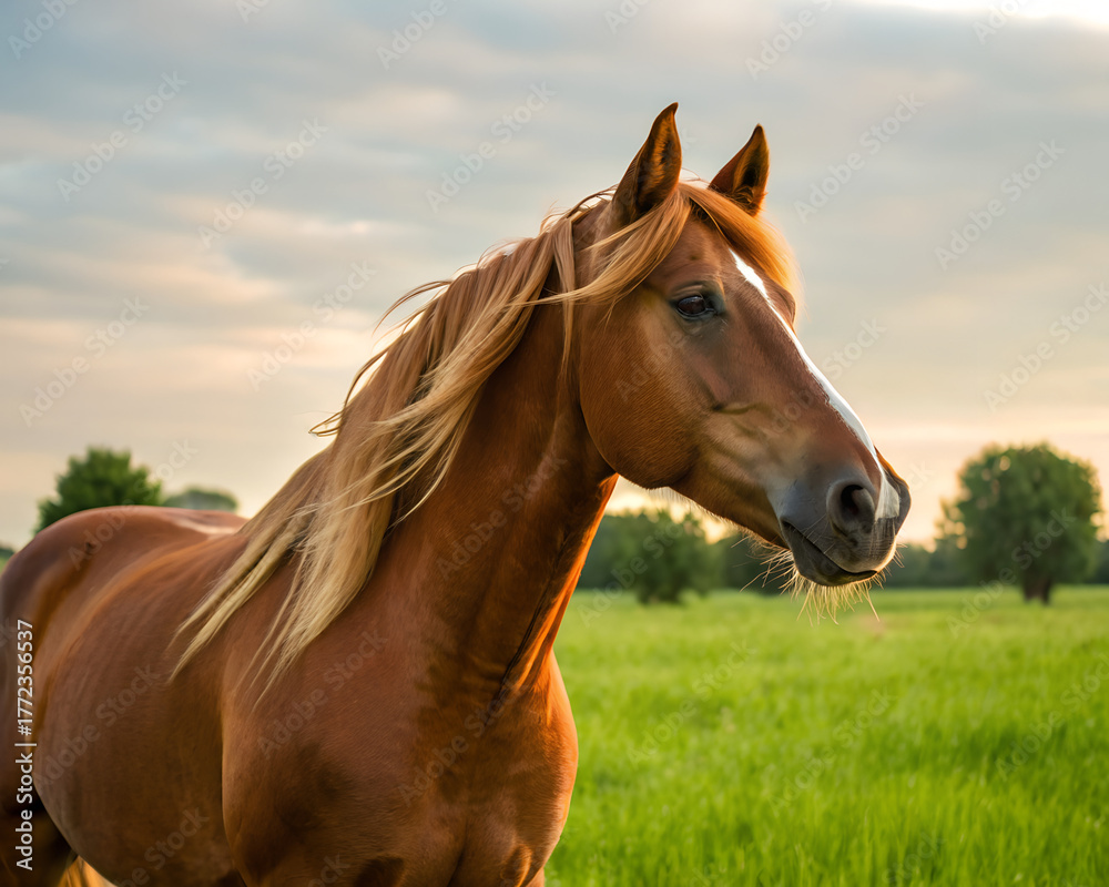 Fototapeta premium Serene Chestnut Horse Grazing in a Sunlit Meadow at Golden Hour
