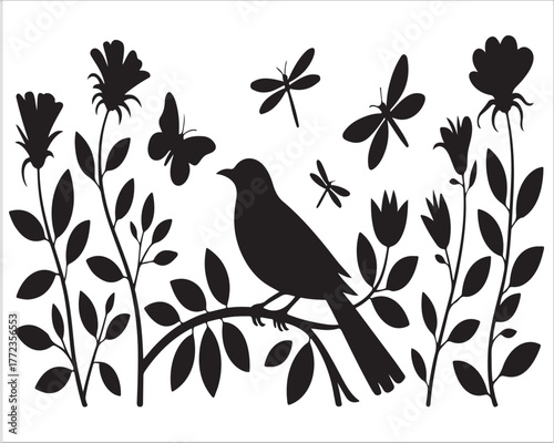 Elegant Floral and Bird Illustration in Black and White