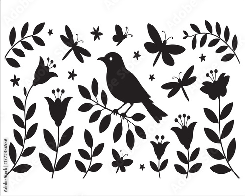 Decorative Nature Scene with Bird and Flowers