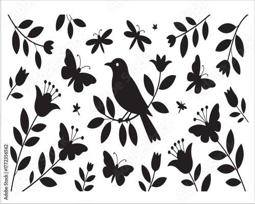 Beautiful black bird silhouette sitting on a branch surrounded by butterflies, leaves, and flowers, artistic vector design symbolizing nature, harmony, and freedom in decorative style