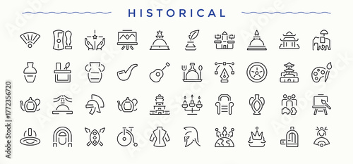 Historical icon set. Contain linear symbols antiquity, exhibition, exhibit, antiques, culture, history and more. Art icon set. Thin web icons. Vector collections.