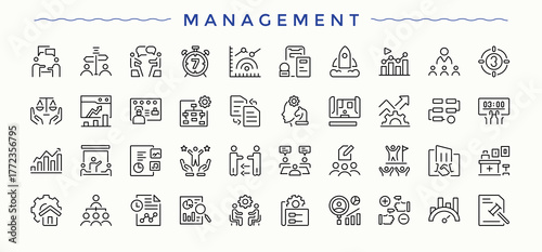 Management line icon set. Contains outline symbols like team, manage, leader, manager, teamwork and more. Manage icon set. Minimal icons pack. Editable vector. Pixel perfect.