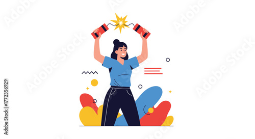 A vibrant illustration of a happy woman confidently holding two sparking dynamite sticks, symbolizing power and innovation.
