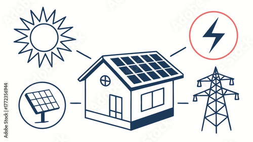 Illustration of a house with solar panels connected to energy sources and transmission tower created with generated ai