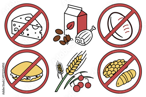 Allergen food icons with red prohibition signs including cheese, eggs, gluten, nuts, and other items created with generated ai