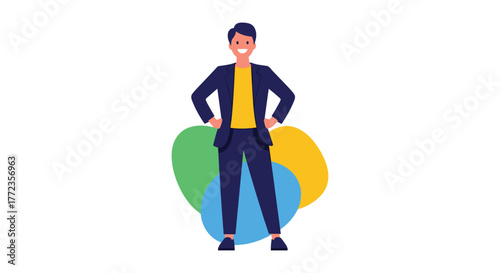 A confident young man in a dark suit and yellow shirt stands with hands on hips, smiling, reflecting professionalism and readiness.