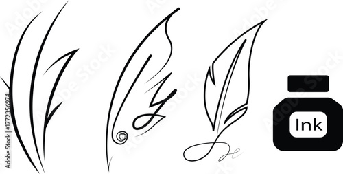 Classic Ink bottle with feather quill pens vector set Illustration.