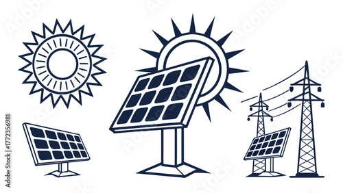 Illustration depicting solar panels, sun symbols, and power lines, showcasing renewable energy sources created with generated ai