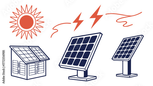 Illustration of solar panels with sun and lightning bolts for renewable energy concept design created with generated ai