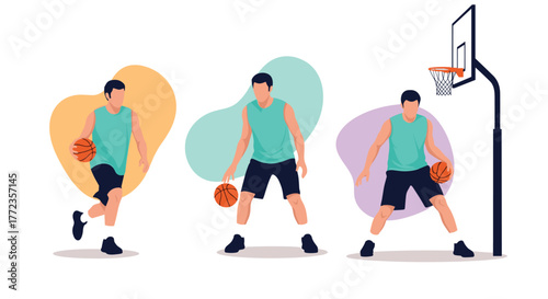 A male basketball player demonstrates various dribbling techniques on a court, showcasing ball handling skills with different stances.