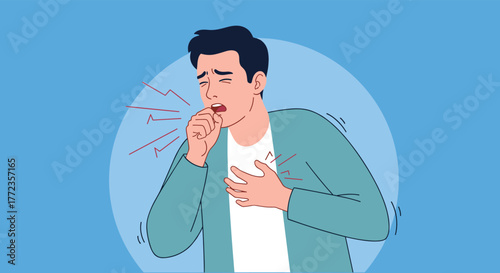 Unwell man coughing into his hand with discomfort in his chest, an illustration depicting symptoms of illness, flu, or allergy.