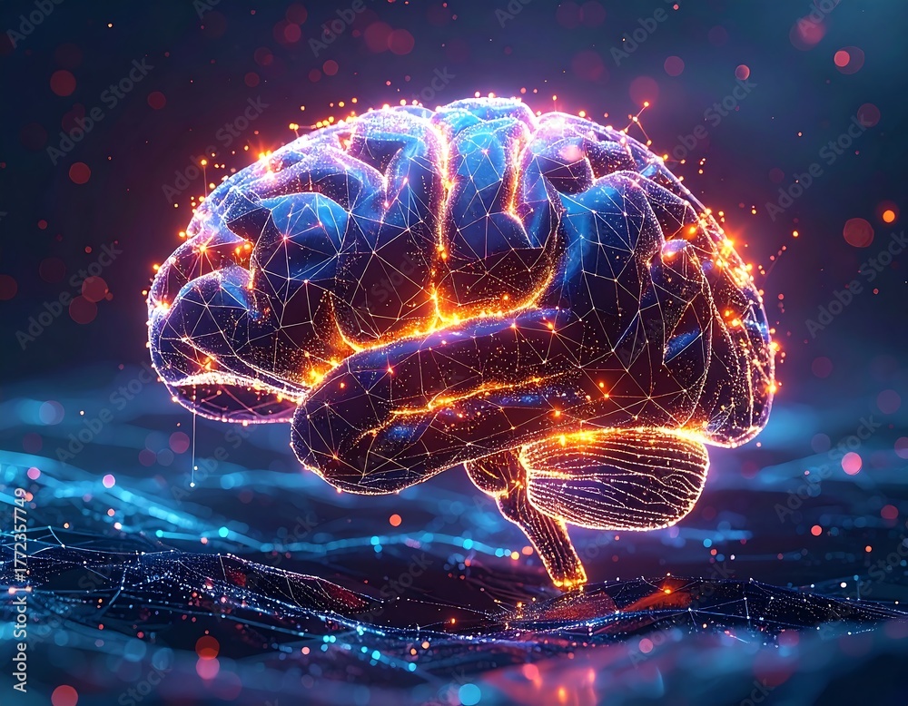 Fototapeta premium A glowing digital brain illuminated by neural connections, symbolizing advanced AI intelligence and the fusion of technology with human cognition.