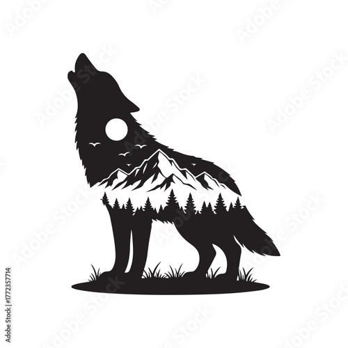 Wolf Howling at Mountain Night Landscape Silhouette