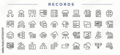 Records icon set. Set of line pictogram. Included form, text, data, page. Editable stroke. Vector collection. Data icon pack.