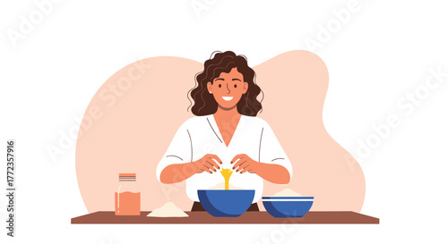 A smiling young woman happily cracks an egg into a bowl, preparing ingredients for baking or cooking on a kitchen table.