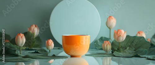 Lotus and green leaves complement the orange cup