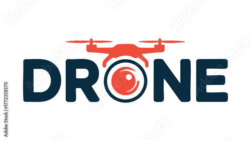 Drone logo with integrated camera lens symbol and quadcopter aerial view vector