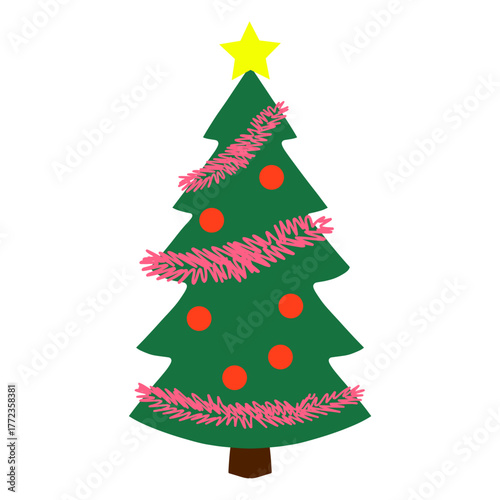 Cartoon Christmas tree decorated with colorful round baubles and yellow garland. Festive fir icon for winter holiday design, New Year cards, stickers, kids projects.