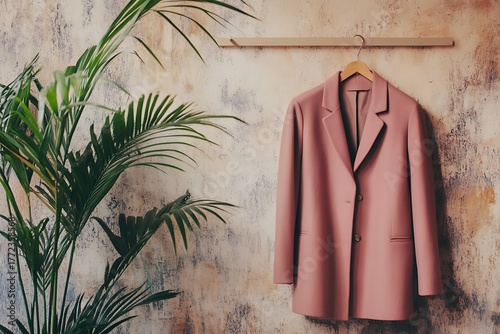 A rose-pink overcoat suspended from a wooden hanger with a minimal background.