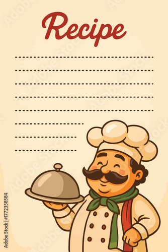 Vintage-style poster featuring a smiling cartoon chef holding a cloche, with a bold Recipe header and dotted lines for notes. Perfect for kitchen decor, cooking themes, culinary classes, and menus.